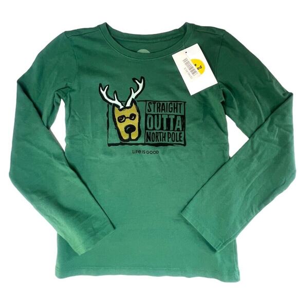 Life‎ Is Good Shirt Girls Small Green Long Sleeve North Pole Christmas Reindeer - Picture 1 of 6